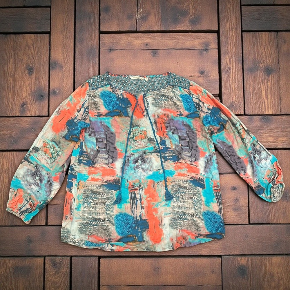 Soft Surroundings Abstract Print Tassel Tie‎ Neck Blouse XL Colorful Riviera
